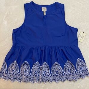 NWT St. John’s Bay Royal Blue Embroidered Sleeveless Blouse Women’s Size L
